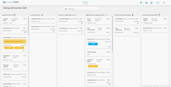 Screenshot: Waiting room and patient status in medsolv.MRM